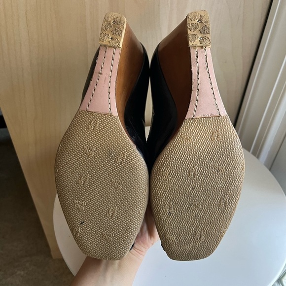 Prada Black Leather Peeptoe Heels with Brown Leather Wedge - Picture 8 of 10